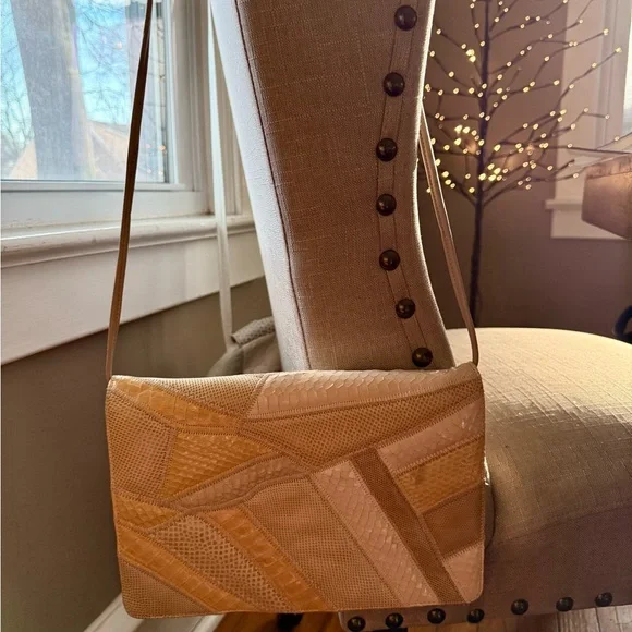 🐍 Vintage Varon Snakeskin Leather Beige and yellow Patchwork Women's Bag - Picture 11 of 14